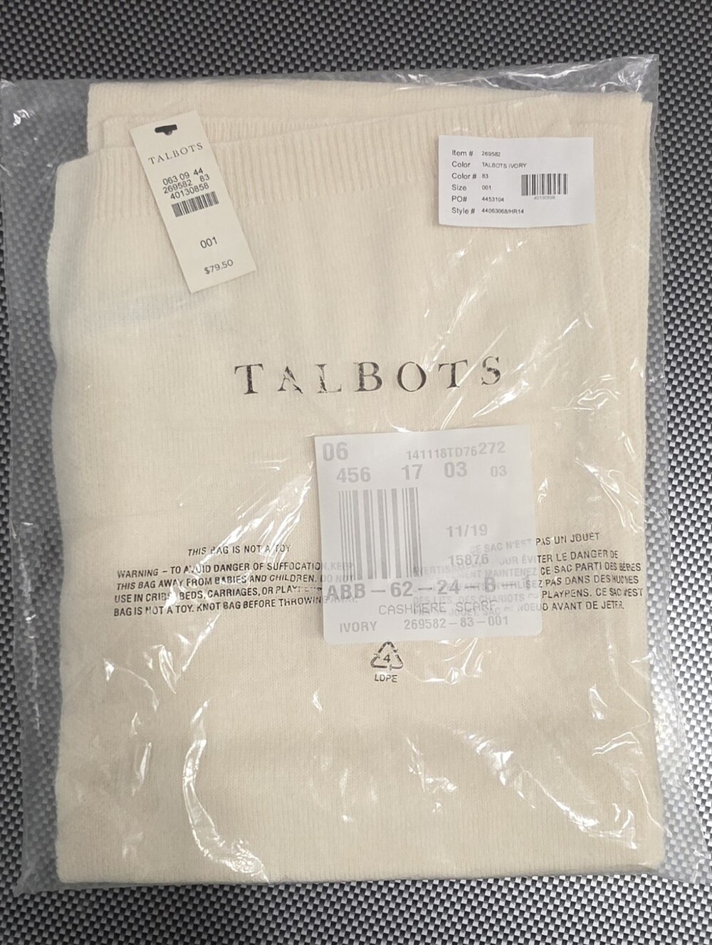 NWT Talbots 100% Cashmere Scarf Ivory Cream Luxury Knit Wrap